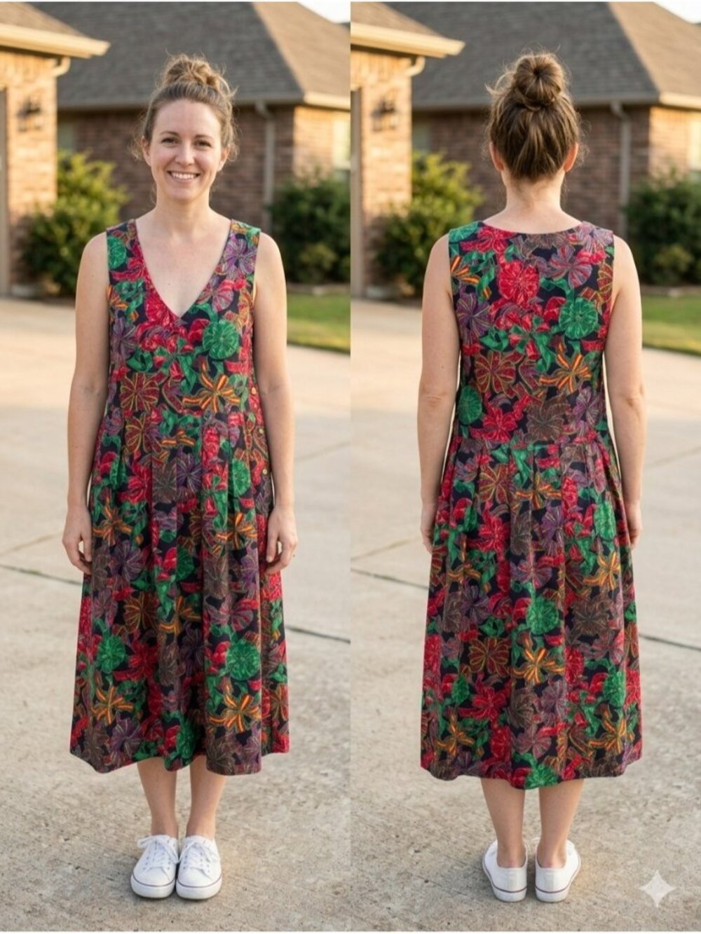 Vintage Pam's Closet 80s Bow Print Cotton Pinafore Dress Pockets Medium USA Made